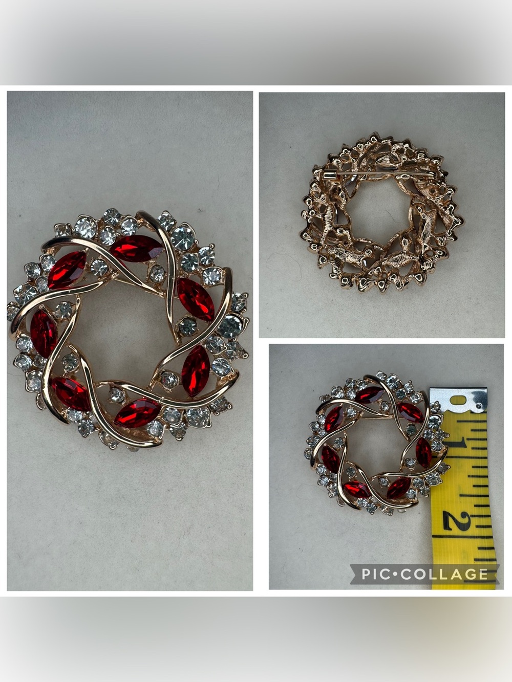 New Gold-Tone Red Crystal Wreath Brooch
